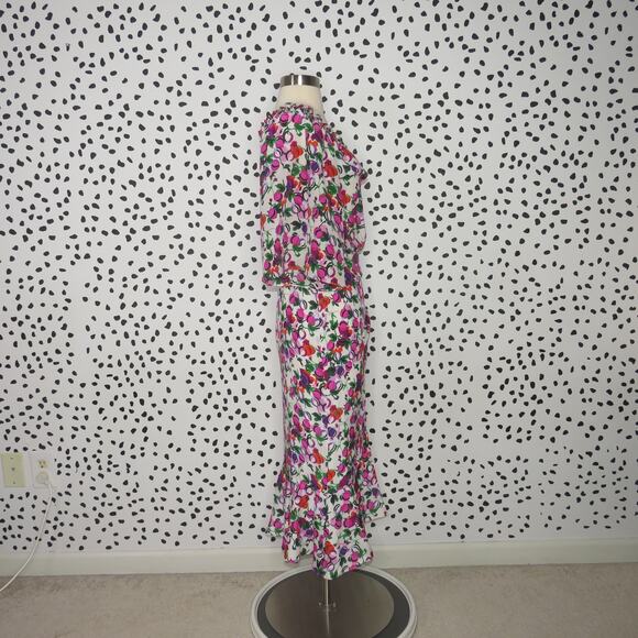 Saloni White Olivia Floral Print Ruffle Hem Silk Midi Dress - Picture 8 of 13